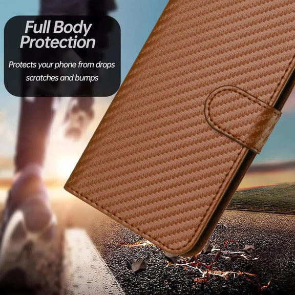 For iPhone 17 Air YX0070 Carbon Fiber Buckle Leather Phone Case with Lanyard(Coffee)