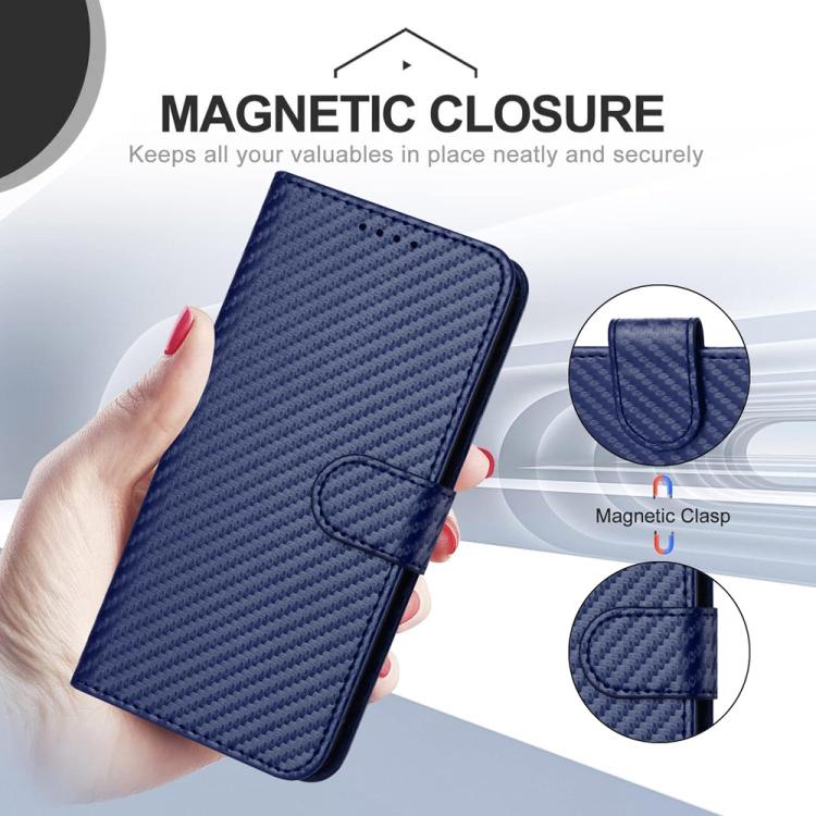 For iPhone 17 YX0070 Carbon Fiber Buckle Leather Phone Case with Lanyard(Royal Blue)