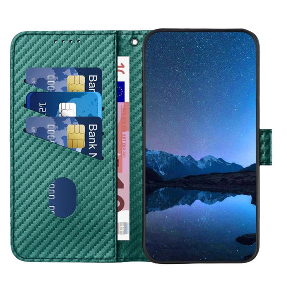 For iPhone 17 YX0070 Carbon Fiber Buckle Leather Phone Case with Lanyard(Dark Green)