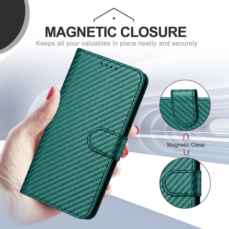 For iPhone 17 YX0070 Carbon Fiber Buckle Leather Phone Case with Lanyard(Dark Green)