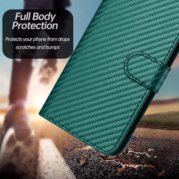 For iPhone 17 YX0070 Carbon Fiber Buckle Leather Phone Case with Lanyard(Dark Green)