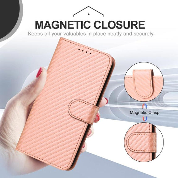 For iPhone 17 Pro YX0070 Carbon Fiber Buckle Leather Phone Case with Lanyard(Pink)