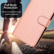 For iPhone 17 Pro YX0070 Carbon Fiber Buckle Leather Phone Case with Lanyard(Pink)