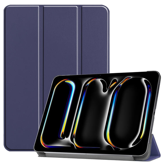 For iPad Pro 11 2024 Custer Pure Color 3-Fold Holder Smart Leather Tablet Case(Blue)