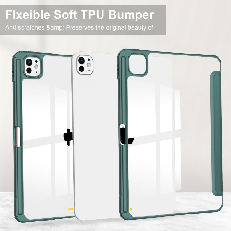 For iPad Pro 11 2024 Pure Color 3-fold Clear TPU Smart Leather Tablet Case(Dark Green)