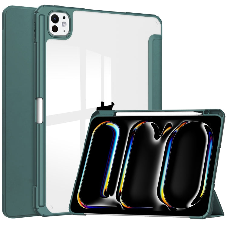 For iPad Pro 13 2024 Pure Color 3-fold Clear TPU Smart Leather Tablet Case(Dark Green)
