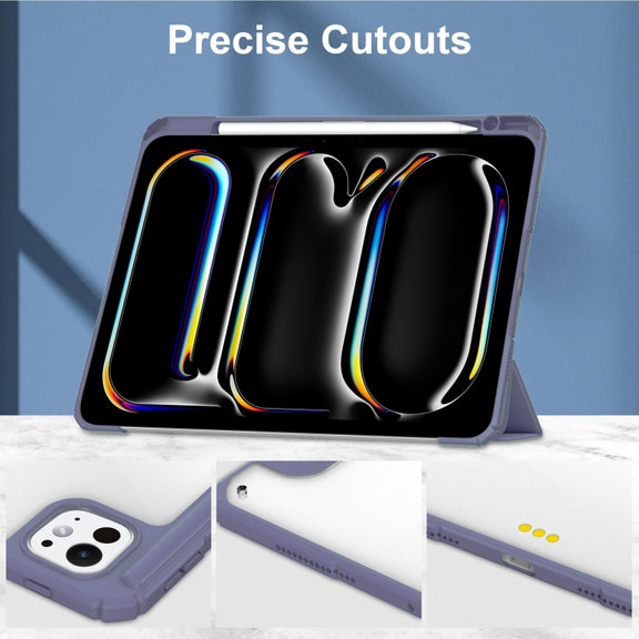 For iPad Pro 13 2024 Pure Color 3-fold Clear TPU Smart Leather Tablet Case(Lavender)