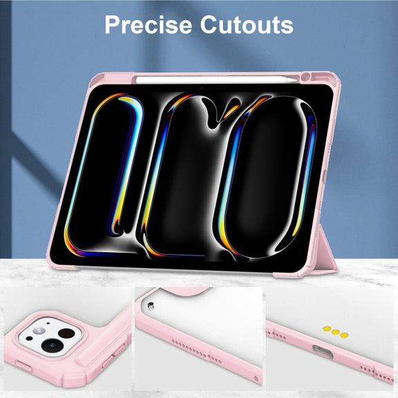 For iPad Pro 13 2024 Pure Color 3-fold Clear TPU Smart Leather Tablet Case(Pink)
