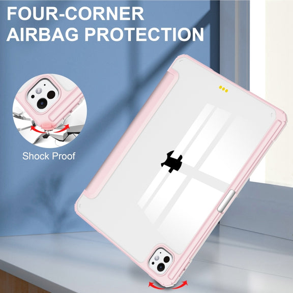 For iPad Pro 13 2024 Pure Color 3-fold Clear TPU Smart Leather Tablet Case(Pink)