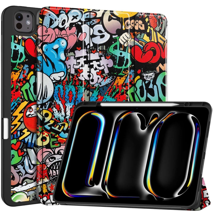 For iPad Pro 13 2024 Custer Painted 3-Fold Holder Smart Leather Tablet Case with Pen Tray(Graffiti)