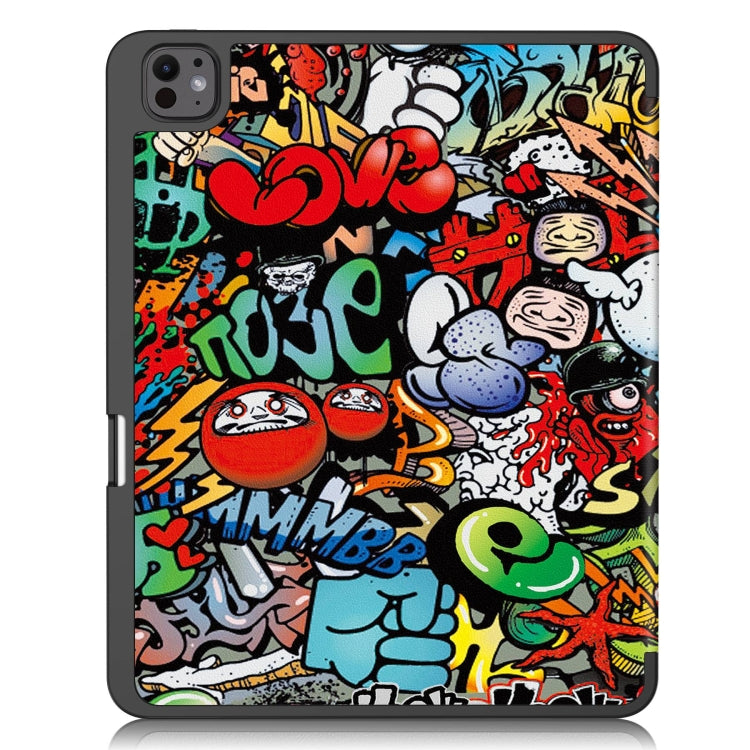 For iPad Pro 13 2024 Custer Painted 3-Fold Holder Smart Leather Tablet Case with Pen Tray(Graffiti)