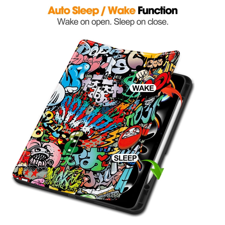 For iPad Pro 13 2024 Custer Painted 3-Fold Holder Smart Leather Tablet Case with Pen Tray(Graffiti)