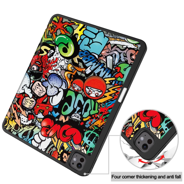 For iPad Pro 13 2024 Custer Painted 3-Fold Holder Smart Leather Tablet Case with Pen Tray(Graffiti)