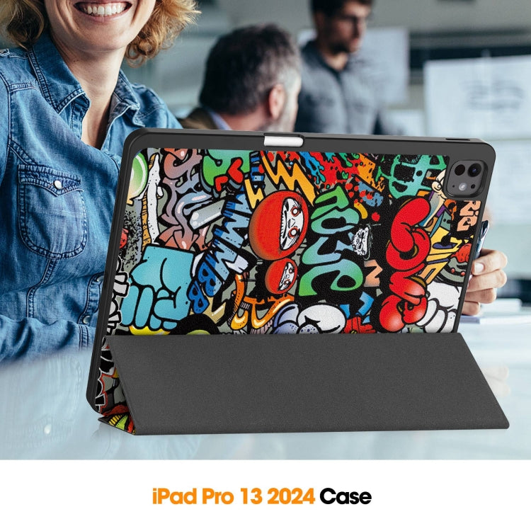 For iPad Pro 13 2024 Custer Painted 3-Fold Holder Smart Leather Tablet Case with Pen Tray(Graffiti)