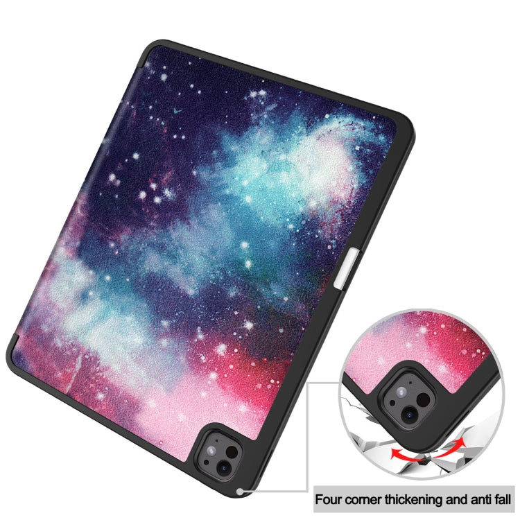 For iPad Pro 13 2024 Custer Painted 3-Fold Holder Smart Leather Tablet Case with Pen Tray(Milky Way Nebula)