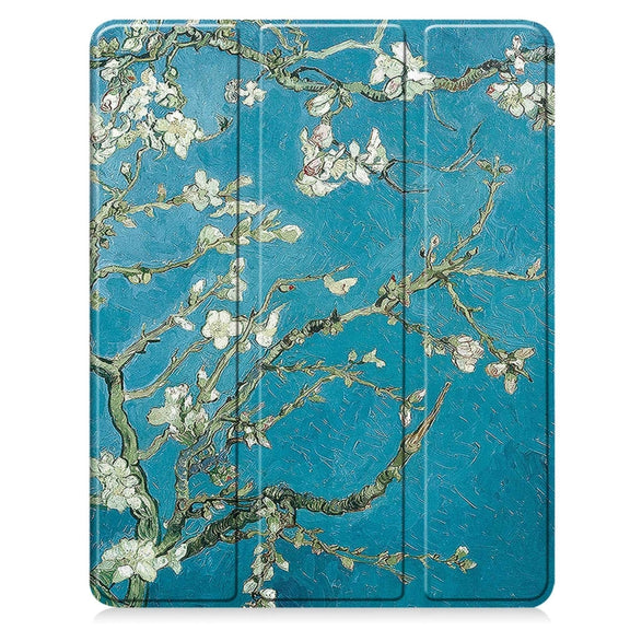 For iPad Pro 13 2024 Custer Painted 3-Fold Holder Smart Leather Tablet Case with Pen Tray(Apricot Flower)