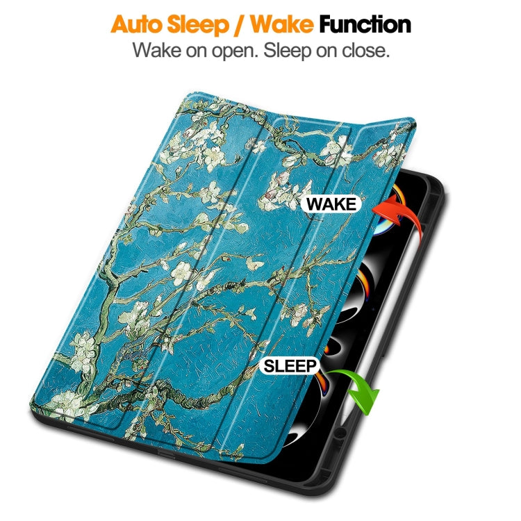For iPad Pro 13 2024 Custer Painted 3-Fold Holder Smart Leather Tablet Case with Pen Tray(Apricot Flower)