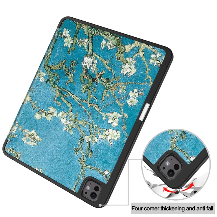 For iPad Pro 13 2024 Custer Painted 3-Fold Holder Smart Leather Tablet Case with Pen Tray(Apricot Flower)