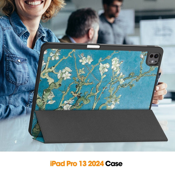 For iPad Pro 13 2024 Custer Painted 3-Fold Holder Smart Leather Tablet Case with Pen Tray(Apricot Flower)
