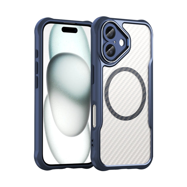 For iPhone 16 Carbon Fiber Texture MagSafe Translucent Phone Case(Blue)