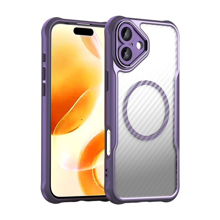 For iPhone 16 Plus Carbon Fiber Texture MagSafe Translucent Phone Case(Purple)