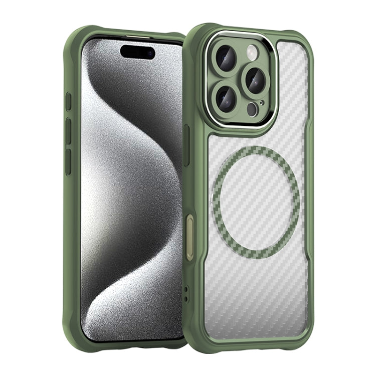 For iPhone 16 Pro Carbon Fiber Texture MagSafe Translucent Phone Case(Green)