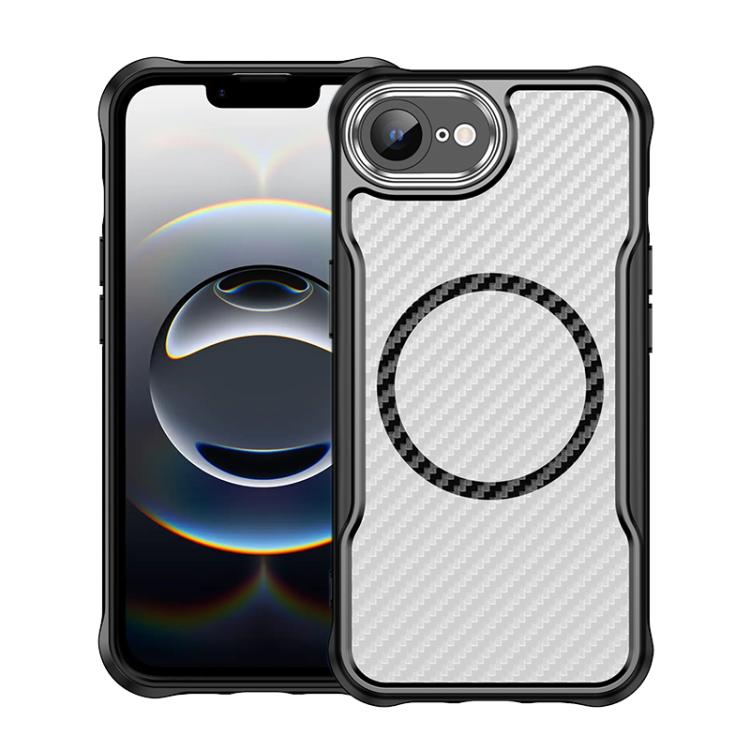 For iPhone 16e Carbon Fiber Texture MagSafe Translucent Phone Case(Black)