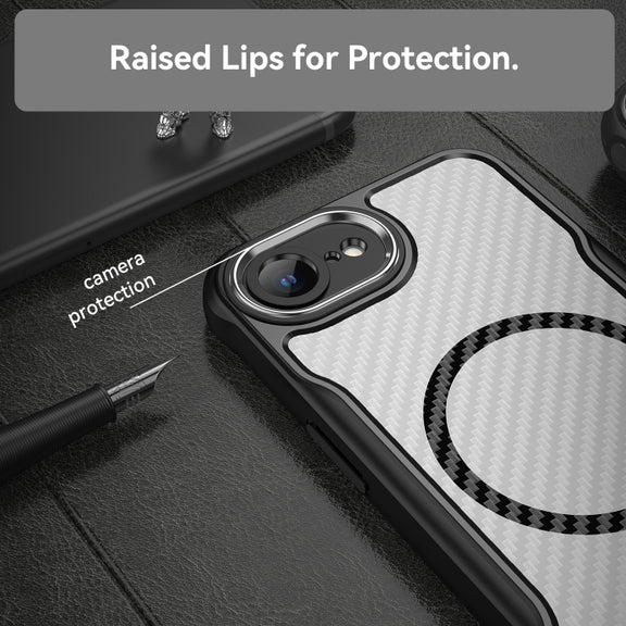 For iPhone 16e Carbon Fiber Texture MagSafe Translucent Phone Case(Black)