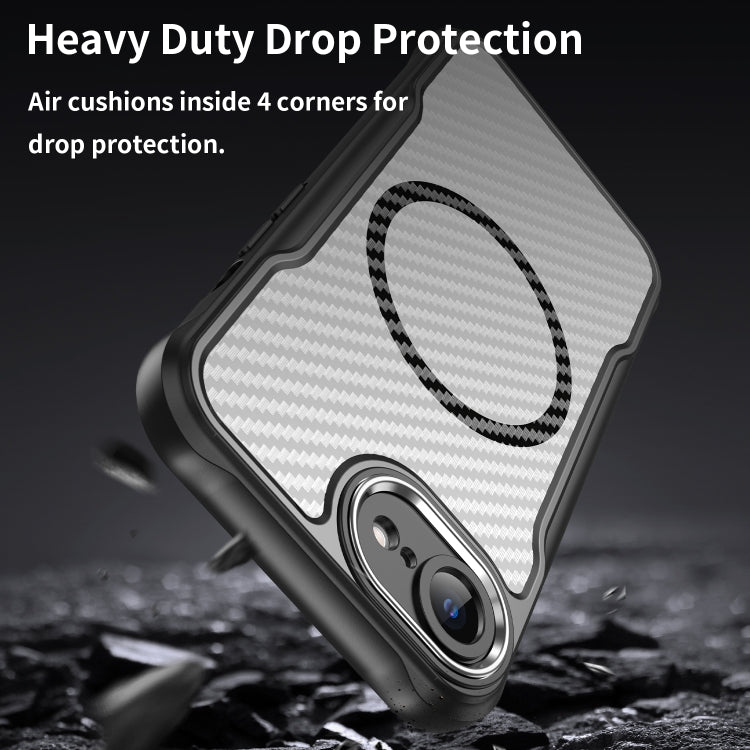 For iPhone 16e Carbon Fiber Texture MagSafe Translucent Phone Case(Black)
