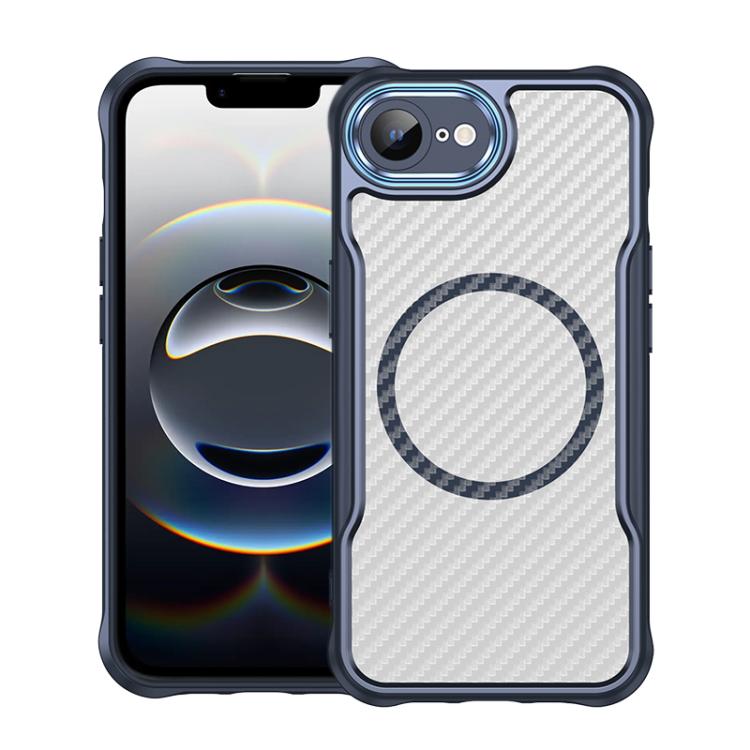 For iPhone 16e Carbon Fiber Texture MagSafe Translucent Phone Case(Blue)