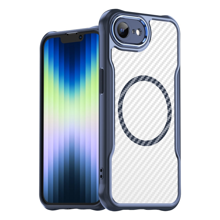 For iPhone 16e Carbon Fiber Texture MagSafe Translucent Phone Case(Blue)