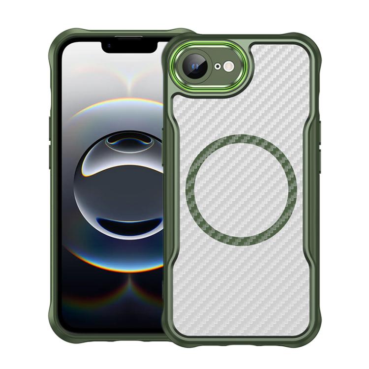 For iPhone 16e Carbon Fiber Texture MagSafe Translucent Phone Case(Green)
