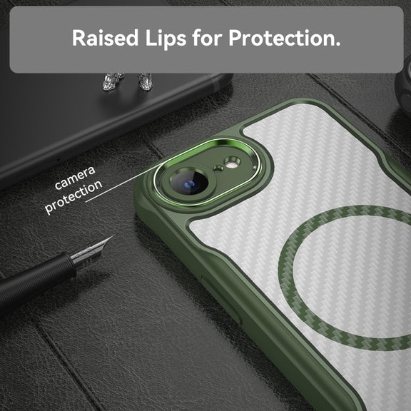 For iPhone 16e Carbon Fiber Texture MagSafe Translucent Phone Case(Green)