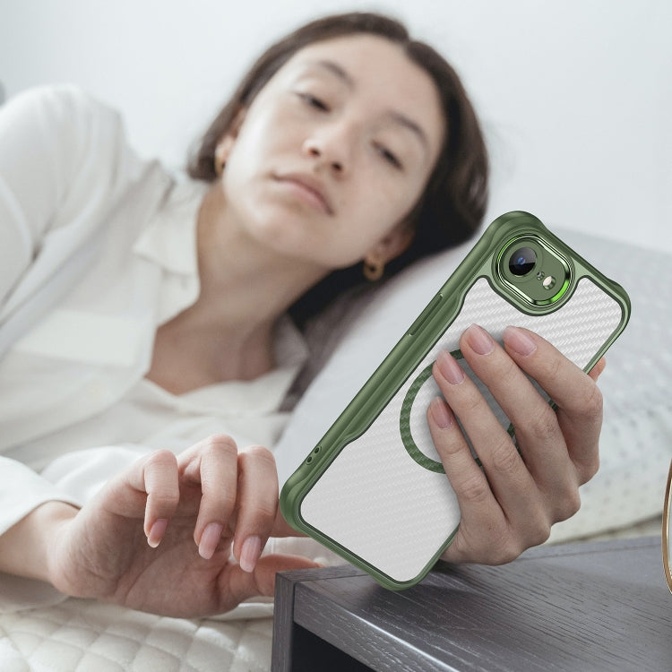 For iPhone 16e Carbon Fiber Texture MagSafe Translucent Phone Case(Green)