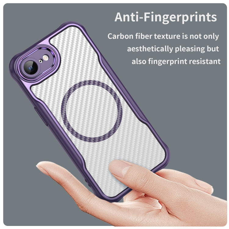 For iPhone 16e Carbon Fiber Texture MagSafe Translucent Phone Case(Purple)
