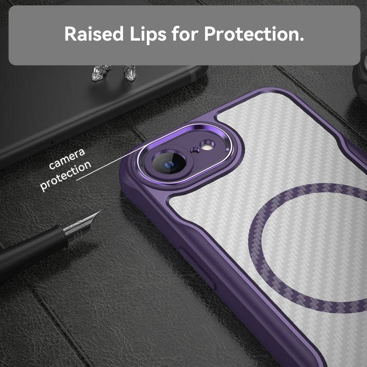 For iPhone 16e Carbon Fiber Texture MagSafe Translucent Phone Case(Purple)