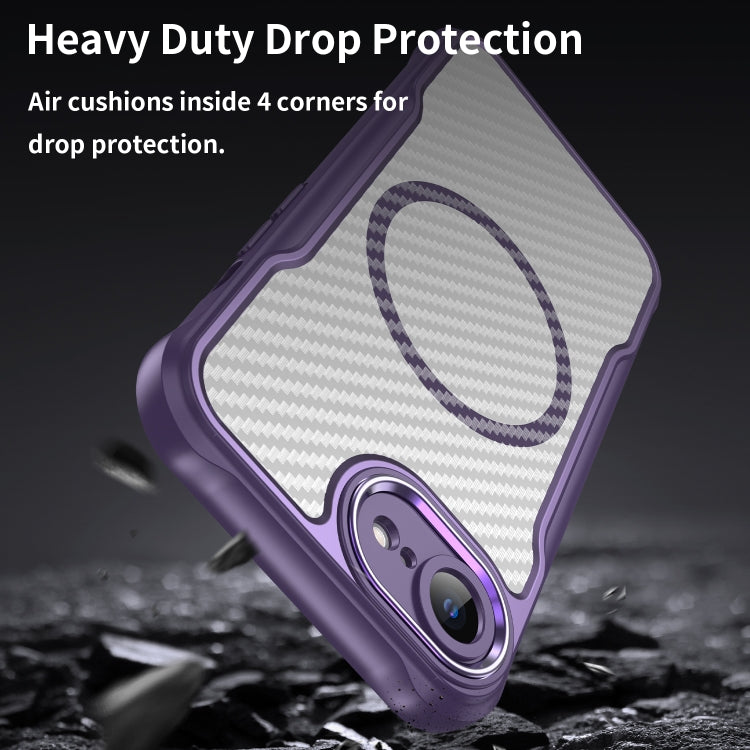For iPhone 16e Carbon Fiber Texture MagSafe Translucent Phone Case(Purple)