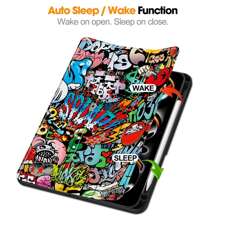 For iPad Pro 11 2024 Custer Painted 3-Fold Holder Smart Leather Tablet Case with Pen Tray(Graffiti)