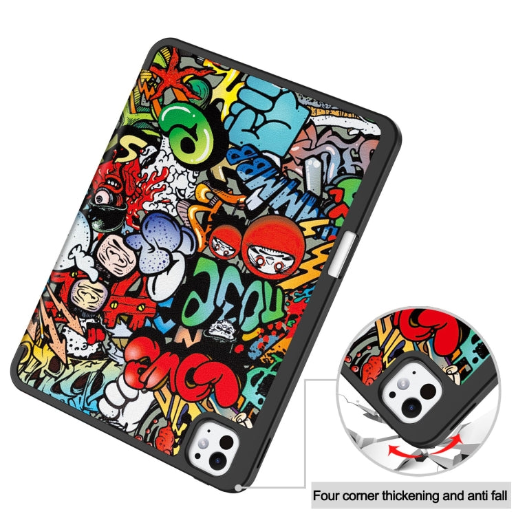 For iPad Pro 11 2024 Custer Painted 3-Fold Holder Smart Leather Tablet Case with Pen Tray(Graffiti)