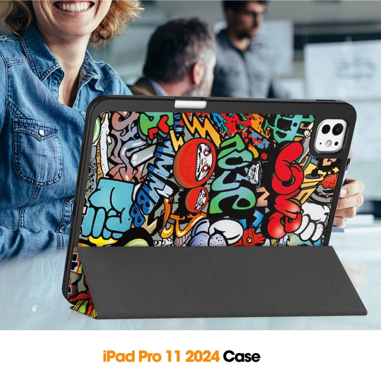 For iPad Pro 11 2024 Custer Painted 3-Fold Holder Smart Leather Tablet Case with Pen Tray(Graffiti)