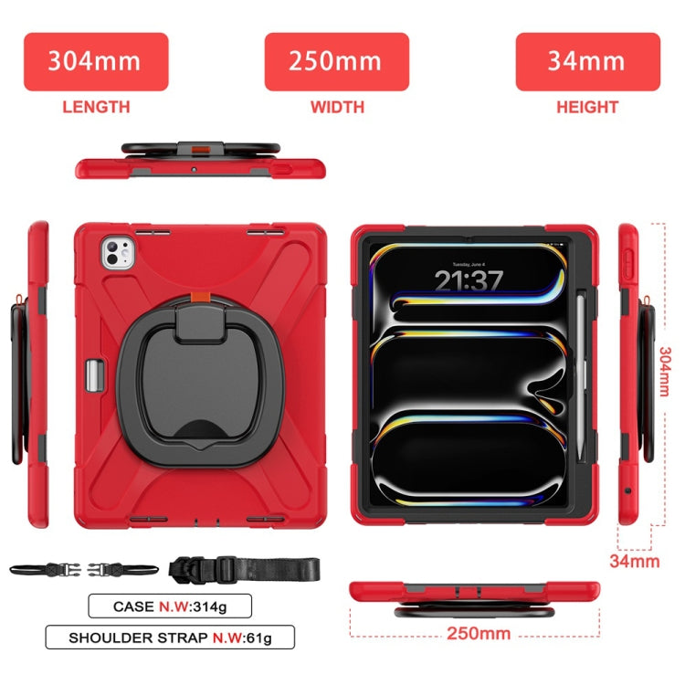 For iPad Pro 11 2024 Silicone Hybrid PC Tablet Case with Holder & Shoulder Strap(Red)