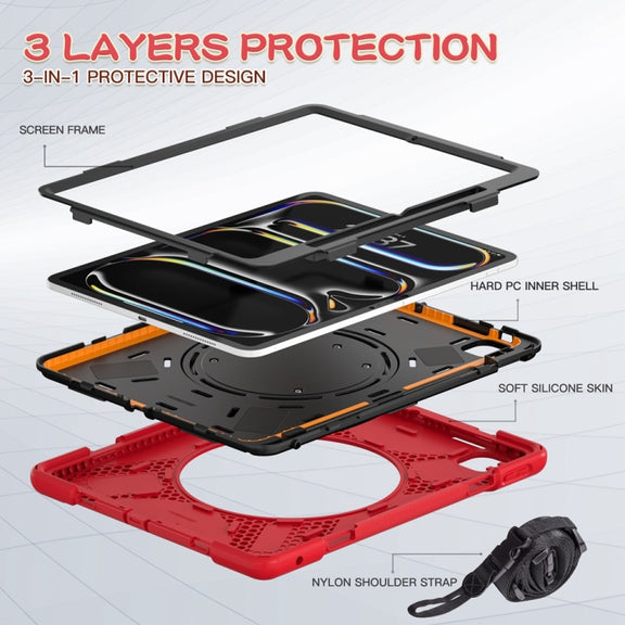 For iPad Pro 11 2024 Silicone Hybrid PC Tablet Case with Holder & Shoulder Strap(Red)