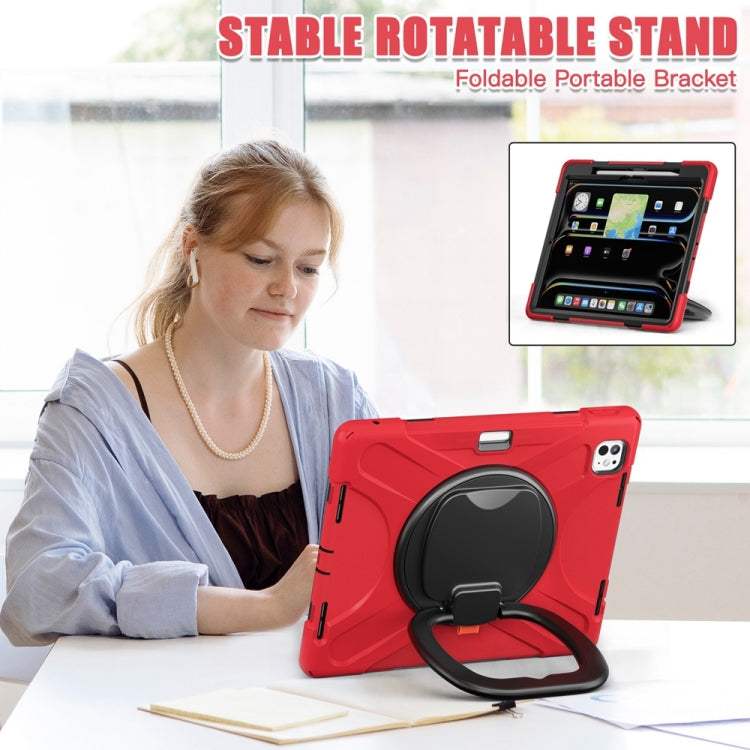 For iPad Pro 11 2024 Silicone Hybrid PC Tablet Case with Holder & Shoulder Strap(Red)
