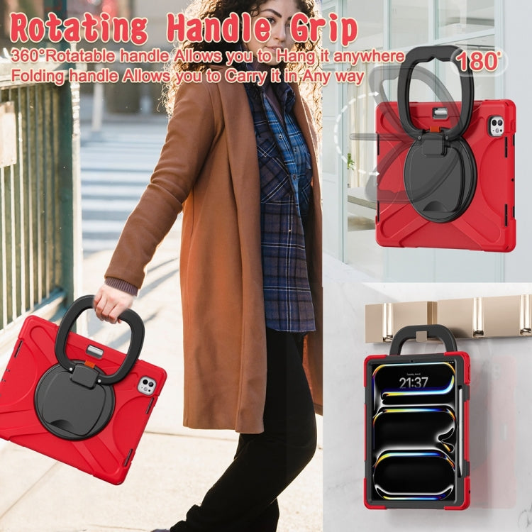 For iPad Pro 11 2024 Silicone Hybrid PC Tablet Case with Holder & Shoulder Strap(Red)