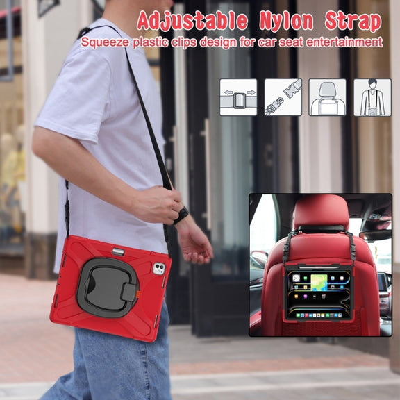 For iPad Pro 11 2024 Silicone Hybrid PC Tablet Case with Holder & Shoulder Strap(Red)