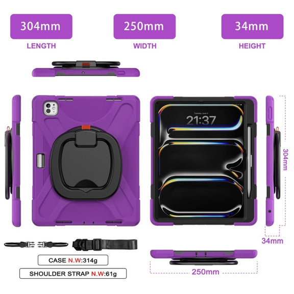For iPad Pro 11 2024 Silicone Hybrid PC Tablet Case with Holder & Shoulder Strap(Purple)