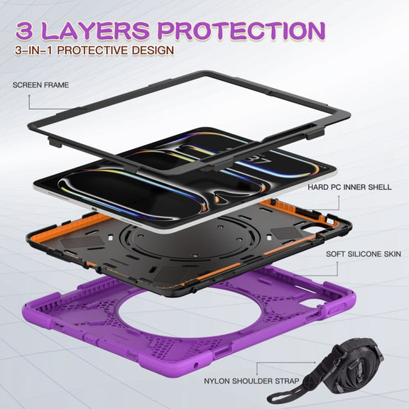 For iPad Pro 11 2024 Silicone Hybrid PC Tablet Case with Holder & Shoulder Strap(Purple)