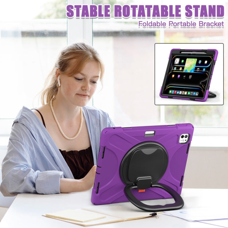 For iPad Pro 11 2024 Silicone Hybrid PC Tablet Case with Holder & Shoulder Strap(Purple)
