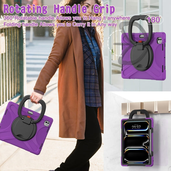 For iPad Pro 11 2024 Silicone Hybrid PC Tablet Case with Holder & Shoulder Strap(Purple)