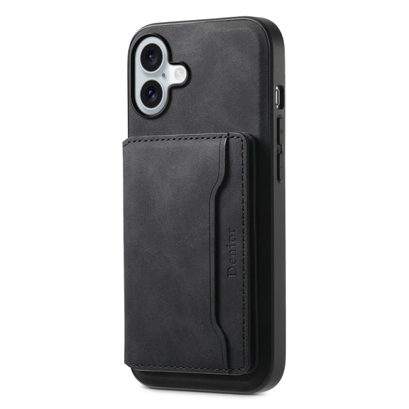 For iPhone 16 Denior D13 Retro Texture Leather MagSafe Card Bag Phone Case(Black)